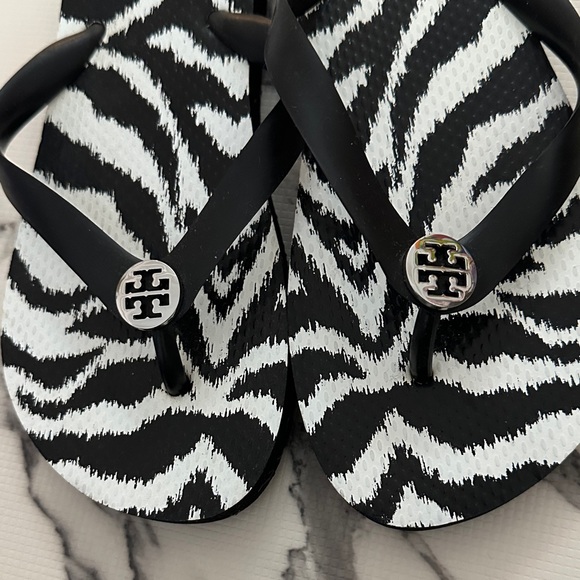 Tory Burch Black and White Zebra Logo  Flip Flops - Picture 4 of 7
